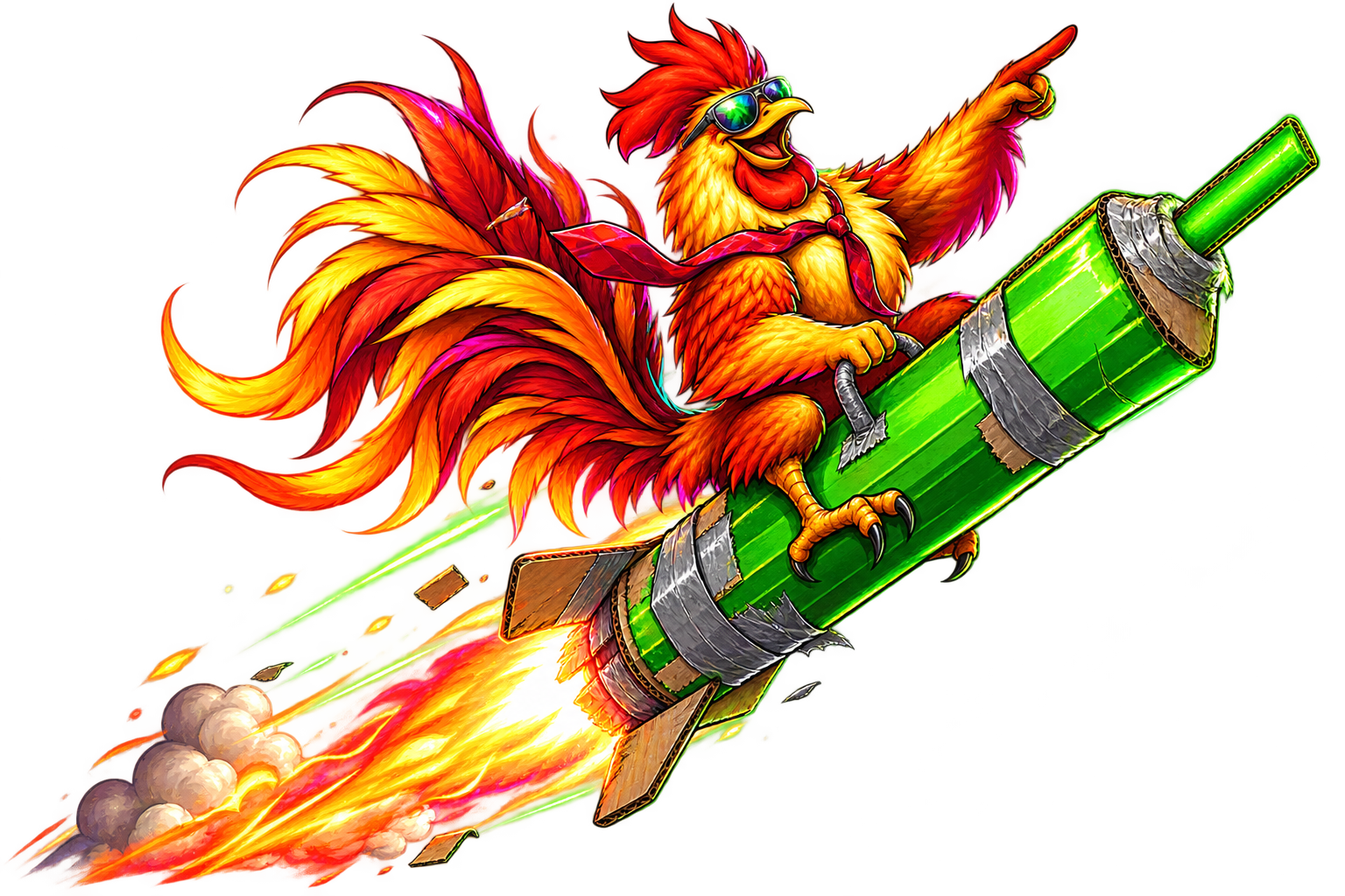 A cartoon phoenix-rooster trader riding a cardboard candlestick rocket